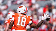 Oct 4, 2025; Tucson, Arizona, USA; Oklahoma State Cowboys wide receiver Sam Jackson V (18) throws the ball during the third quarter of the game against the Arizona Wildcats at Arizona Stadium. Mandatory Credit: Aryanna Frank-Imagn Images