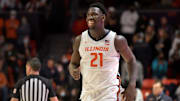 Nov 26, 2021; Champaign, Illinois, USA;  Illinois Fighting Illini center Kofi Cockburn (21) runs up court during the second half against the Texas-Rio Grande Valley Vaqueros at State Farm Center. Mandatory Credit: Ron Johnson-Imagn Images