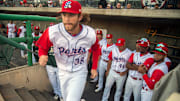Stockton Ports' Tyler Baum takes the field at the start of the Ports' home opener against the Modesto Nuts at the Stockton Ballpark in downtown Stockton on Tuesday, April 12. 2022.

2022 Portsopener 067a