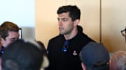 Feb 27, 2020; Fort Myers, Florida, USA; Boston Red Sox general manager Chaim Bloom takes questions from reporters during the game against the Philadelphia Phillies  at JetBlue Park. Mandatory Credit: Jim Rassol-Imagn Images