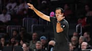 Oct 8, 2025; Miami, Florida, USA;  Miami Heat head coach Erik Spoelstra directs his team during the second half against the San Antonio Spurs at Kaseya Center. Mandatory Credit: Jim Rassol-Imagn Images