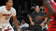 Nov 8, 2025; Miami, Florida, USA;  Miami Heat head coach Erik Spoelstra keeps an eye on his team during the first quarter against the Portland Trail Blazers at Kaseya Center. Mandatory Credit: Jim Rassol-Imagn Images