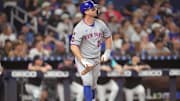 Sep 27, 2025; Miami, Florida, USA; New York Mets first baseman Pete Alonso (20) watches his solo home run against the Miami Marlins in the third inning at loanDepot Park. Mandatory Credit: Jim Rassol-Imagn Images