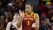 Iowa State Cyclones center Dishon Jackson (1) reacts after a defensive play against Cincinnati during the second half in the Big-12 men’s basketball at Hilton Coliseum on Feb. 15, 2025 in Ames, Iowa.