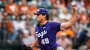 TCU Horned Frogs utility Payton Tolle (49) pitches in the second inning of the Texas LonghornsÕ game against the TCU Horned Frogs at UFCU Disch-Falk Field, Friday, April 19, 2024.