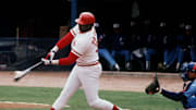 Cincinnati Reds outfielder Dave Parker is crushing the ball against Montreal Expos during their exhibition game before 11,218 fans at Greer Stadium April 5, 1987.