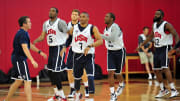 July 10, 2012; Las Vegas, NV, USA; Team USA trainer Casey Smith (left) leads players guard Kevin Durant, forward Blake Griffin, guard Russell Westbrook, guard Chris Paul and guard James Harden during practice at the UNLV Mendenhall Center. Mandatory Credit: Gary A. Vasquez-USA TODAY Sports