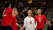 Arizona Wildcats women's volleyball libero Giorgia Mandotti (15) celebrates at Mullett Arena in Tempe on Sept. 21, 2023.