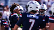 Nov 22, 2025; Tucson, Arizona, USA; Arizona Wildcats defensive back Dalton Johnson (43) runs down the field in excitement as they recognize seniors before the start of the game against the Baylor Bears at Casino Del Sol Stadium. Mandatory Credit: Aryanna Frank-Imagn Images