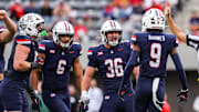 Nov 22, 2025; Tucson, Arizona, USA; Arizona Wildcats linebacker Dominic Hanger (36) celebrates during the fourth quarter of the game of the game against the Baylor Bears at Casino Del Sol Stadium. Mandatory Credit: Aryanna Frank-Imagn Images
