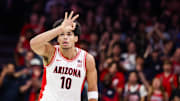 Nov 11, 2025; Tucson, Arizona, USA;  Arizona Wildcats forward Koa Peat (10) scores a three pointer during the first half of the game against the Northern Arizona Lumberjacks at McKale Memorial Center. Mandatory Credit: Aryanna Frank-Imagn Images