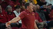 Iowa State Cyclones men's basketball head coach T.J. Otzelberger calls a play from the bench against Alcorn State Braves during the first half on Dec. 3, 2025, at Hilton Coliseum, in Ames, Iowa.