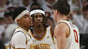 Iowa State Cyclones guard Tamin Lipsey (3), guard Keshon Gilbert (10) and guard Nate Heise (0) reacts after a defensive play during the second half in the NCAA men’s basketball at Hilton Coliseum on Wednesday, Dec. 4, 2024, in Ames, Iowa.