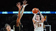 Iowa State Cyclones' forward Addy Brown (24) shoots the ball over UCF Knights center Khyala Ngodu (35) during the fourth quarter in the Big-12 women’s basketball at Hilton Coliseum on Saturday, Jan. 25, 2025, in Ames, Iowa.
