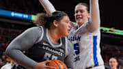 Iowa State Cyclones' center Audi Crooks (55) looks for a drive around BYU Cougars forward Emma Calvert (25) during the fourth quarter in the Big-12 women’s basketball at Hilton Coliseum on Wednesday, Jan. 22, 2025, in Ames, Iowa.