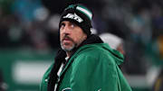 Jan 5, 2025; East Rutherford, New Jersey, USA; New York Jets quarterback Aaron Rodgers (8) during the third quarter of their game against the Miami Dolphins at MetLife Stadium. Mandatory Credit: Ed Mulholland-Imagn Images