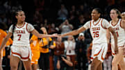 Texas Longhorns forward Madison Booker (35) and guard Jordan Lee (7) celebrate a play late in the second half as the Texas Longhorns take on the Tennessee Lady Vols in the Moody Center, Jan. 23, 2025.