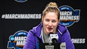 TCU center Sedona Prince (13) speaks to the media during a press conference ahead of the Regional Finals of the NCAA Women's Tournament in Birmingham, Alabama, March 30, 2025. TCU will face the Texas Longhorns in the Elite Eight on Monday night.