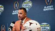Texas Longhorns Head Coach Steve Sarkisian speaks during the Coaches' Press Conference at AT&T Stadium, Jan. 9, 2024. Both coaches answered questions from the media during the conference, and will face each other in the Cotton Bowl College Football Playoff semi-final game on Friday.