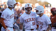 Texas Longhorns infielder Cole Chamberlain (52) celebrates a home run during the annual Texas baseball alumni game at UFCU Disch-Falk Field on Saturday, Feb. 1, 2025.