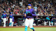 Arizona Diamondbacks Josh Naylor scores against the St. Louis Cardinals in the third inning at Chase Field in Phoenix, on July 18, 2025.