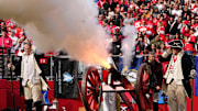 Nov 4, 2023; Piscataway, New Jersey, USA; A cannon is fired on the sideline following a field goal by the Rutgers Scarlet Knights during the first half of the NCAA football game against the Ohio State Buckeyes at SHI Stadium.