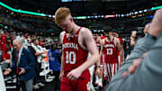 Indiana Hoosiers forward Luke Goode (10) walks off the court Thursday, March 13, 2025, after the team’s 72-59 loss to the Oregon Ducks during the 2025 TIAA Big Ten Men’s Basketball Tournament at Gainbridge Fieldhouse in Indianapolis.
