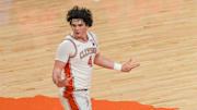 Clemson senior forward Ian Schieffelin reacts after making a three-point shot against Notre Dame