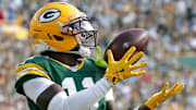 Green Bay Packers wide receiver Jayden Reed (11) catches a second quarter touchdown pass against the Detroit Lions on Sunday, September 7, 2025, at Lambeau Field in Green Bay, Wis. Wm. 
