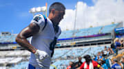 Carolina Panthers wide receiver Tetairoa McMillan (4) runs off the field before an NFL football matchup at EverBank Stadium, Sunday, Sept. 7, 2025 in Jacksonville, Fla.