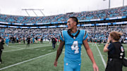 Oct 12, 2025; Charlotte, North Carolina, USA; Carolina Panthers wide receiver Tetairoa McMillan (4) looks on after the game against the Dallas Cowboys at Bank of America Stadium. 