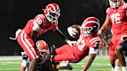 Mater Dei's Trenton Dunn powers into the end zone against Bishop Gorman on Friday, Sept. 6, 2024 at the Santa Ana Bowl.