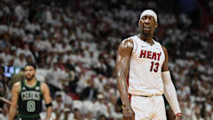 Apr 29, 2024; Miami, Florida, USA; Miami Heat center Bam Adebayo (13) looks for a foul call during