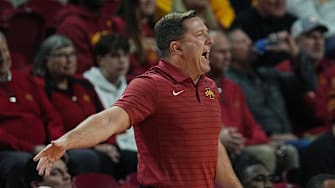 Iowa State Cyclones men's basketball head coach T.J. Otzelberger calls a play from the bench against Alcorn State Braves during the first half on Dec. 3, 2025, at Hilton Coliseum, in Ames, Iowa.