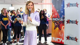 WNBA Commissioner Cathy Engelbert speaks to volunteers gathered Thursday, July 17, 2025, as part of the WNBA’s Changemaker Day held at Indianapolis Motor Speedway. The community service initiative is hosted by the WNBA All-Star 2025 Host Committee, Project Period Indy and Indy Hygiene Hub.