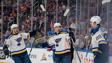 Three standout leaders of the Blues: forwards Robert Thomas, Jordan Kyrou, and Pavel Buchnevich