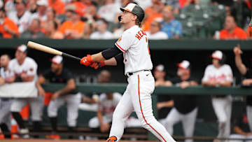 Gunnar Henderson admires his 19th home run of the season