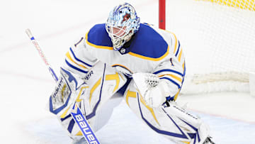 Ukko-Pekka Luukkonen (1) in net against the Minnesota Wild. 