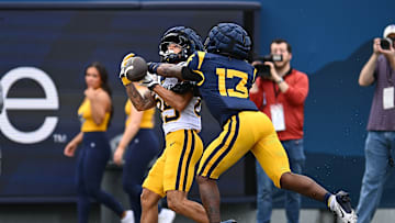 Current Concord (WV) and former WVU wideout Dom Collins hauls in a massive reception during the 2025 West Virginia Gold-Blue Spring Showcase