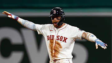 Boston Red Sox shortstop Trevor Story celebrates against the Cleveland Guardians.