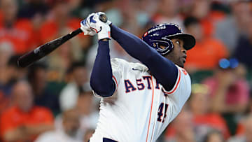 Houston Astros outfielder-designated hitter Yordan Alvarez takes a swing during the 2024 American League Wild Card Series between the Astros and the Detroit Tigers. Alex Slitz/Getty Images