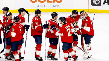 The Florida Panthers celebrate a win over the New York Rangers on December 29, 2023.