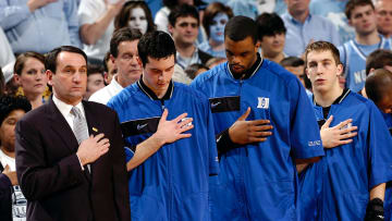 Duke Blue Devils v UNC Tar Heels; Duke basketball head coach Mike Krzyzewski and JJ Redick