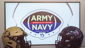 Army Black Knights and Navy Midshipmen helmets are seen on the field prior to their game at Gillette Stadium on December 9, 2023 in Foxborough, Massachusetts. 