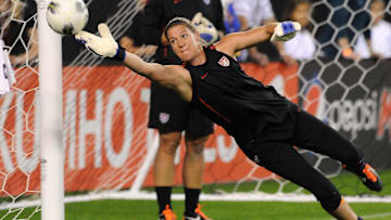 USWNT's Nicole Barnhart makes a save in warm-ups v Sweden