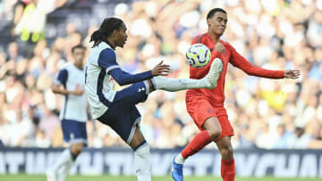 Spence contesting for the ball with Jamal Musiala of Bayern Munich during the friendly last weekend - Tottenham Hotspur v FC Bayern Munich - Pre-Season Friendly