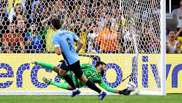 Rodrigo Bentancur scores his penalty against Brazil at the Copa America