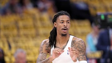 April 24, 2025; Memphis, Tennessee, USA; Ja Morant participating in shootaround before Game 3 of the 2025 NBA Western Conference First Round against the Oklahoma City Thunder