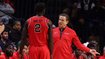 St. John's v Rutgers; St. John's basketball guard Sadiku Ibine Ayo talks with head coach Rick Pitino