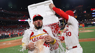 St. Louis Cardinals catcher Iván Herrera celebrates a walk off against the San Diego Padres.